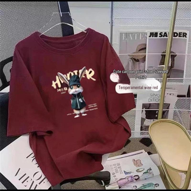 

2024 Женская футболка свободного покроя из чистого хлопка с коротким рукавом - Модный и стильный летний топ M: 95-110 jin