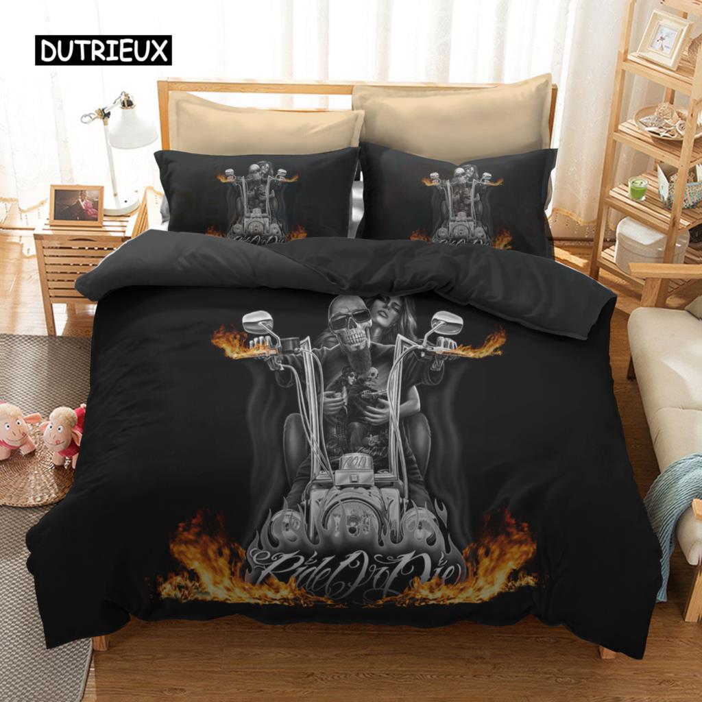 

Черный пододеяльник с изображением скелета человека, комплект постельного белья с изображением черепа ужаса, мотоцикла и красоты, пододеяльник для односпальной кровати, двуспальной кровати размера «king-size», декор AU Single(140x210cm)