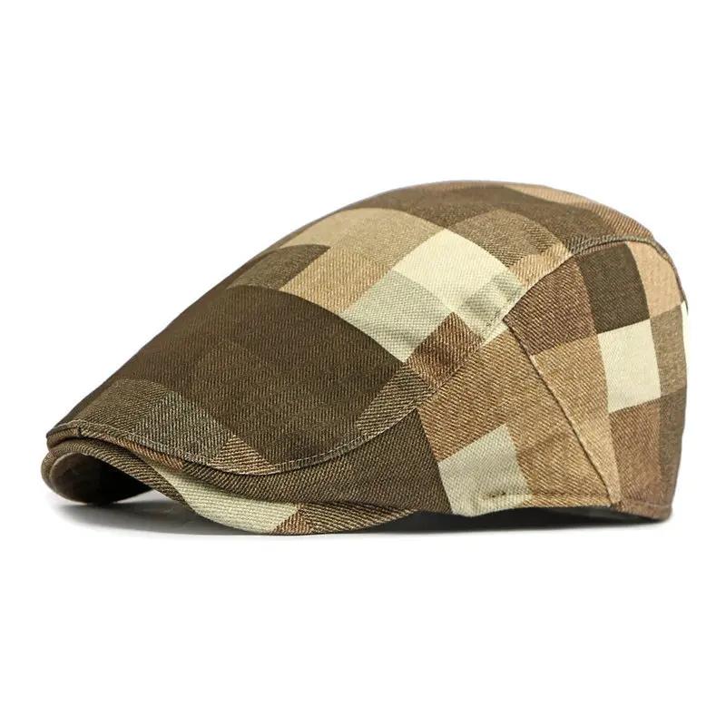 

Spring and Summer Cotton Plaid Print Newsboy Caps Flat Cap Men and Women Painter Beret Hats 180 55-60cm adjustable хаки