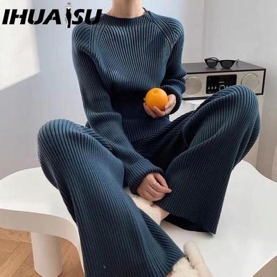 Laid-back Style, Elegant Solid Color, Casual and Elegant, Split Knitted Sweater, Wide-leg Pants, Two-piece Set for Women