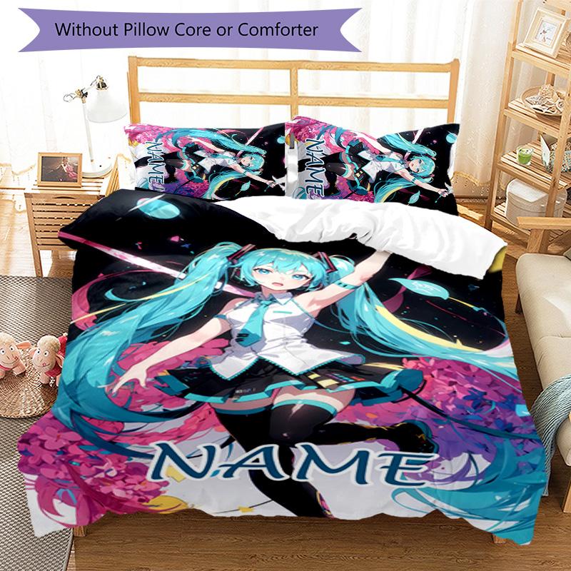 Set Copripiumino Hatsune Miku 3 Pezzi - Nome Personalizzato, Biancheria da Letto Stampata HD con 1 Copripiumino e 2 Federe - Perfetto per l'Arredamento della Casa, Facile da Curare