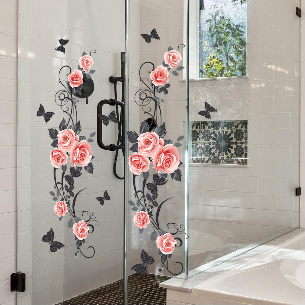 Bathroom Wall Decals Sticker, Rose Butterfly Flower Wall Stickers, Waterproof Rose Butterfly Vine Glass Stickers For Bedroom Restroom DIY Decoration