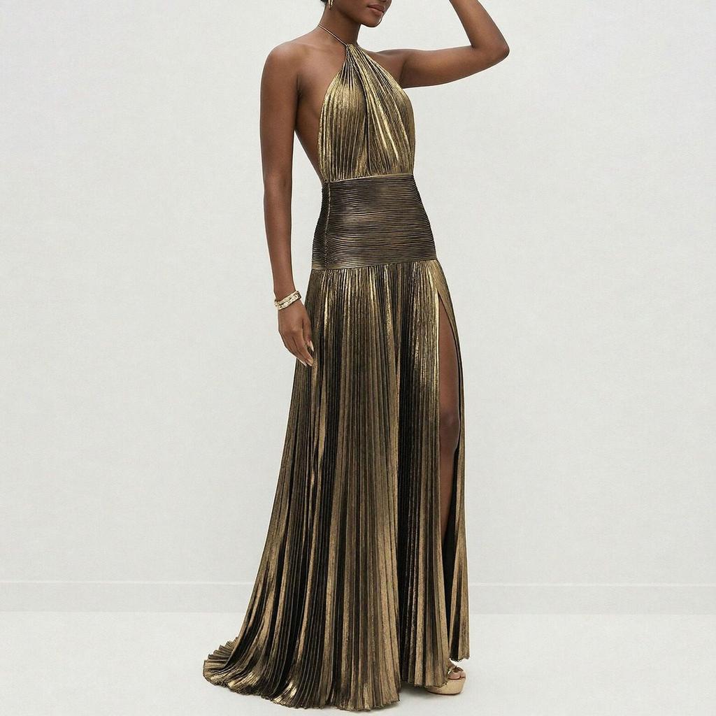 2026 Spring European and American Pleated Long Dress with High Waist Slit for Women