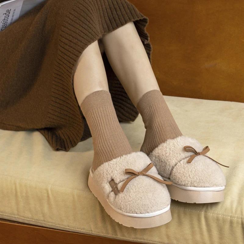 Fashion Fluffy Platform Slippers Women House Flats Cute Bowknot Designer Lovely Winter Shoes Girls Fashion Plush Casual Footwear Elegant
