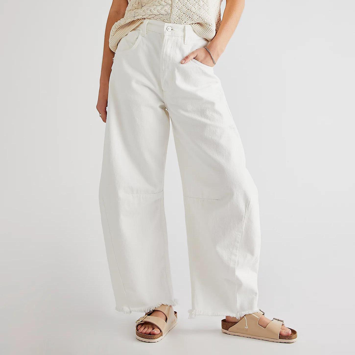 

Women s Wide-leg Jeans High-waist Loose Breasted Trousers Clothes Sale XL білий