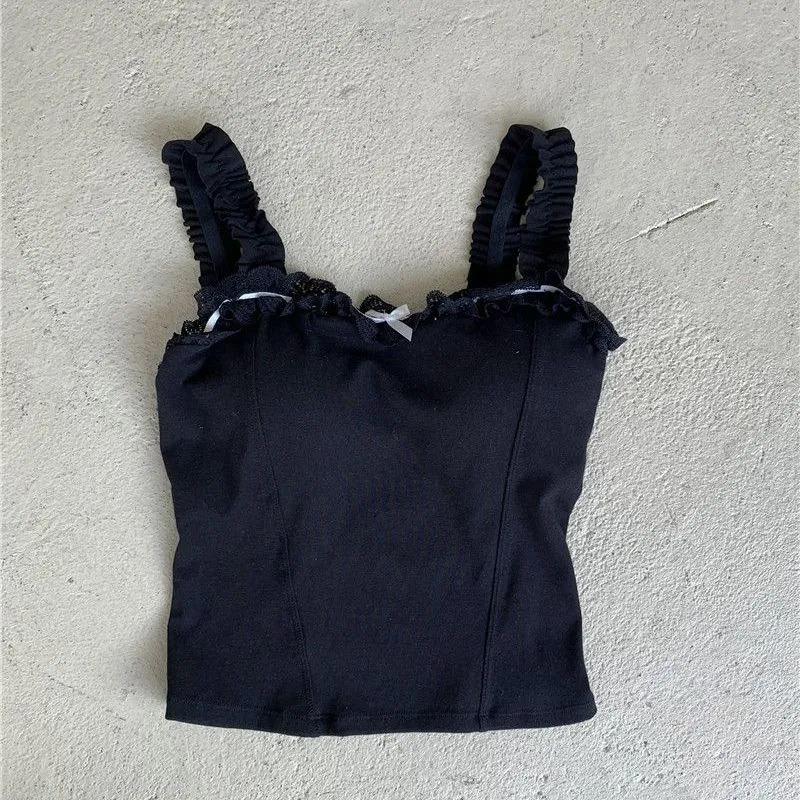 Damen Sweet Spitze Besatz Camisole Hellblau Rüschen Träger Figurbetont Ärmellos Oberteil