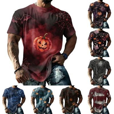 Men Halloween Graphic Short Sleeve T Shirt Casual Loose Fit Summer Daily Wear Top with Pumpkin and Spider Web Print