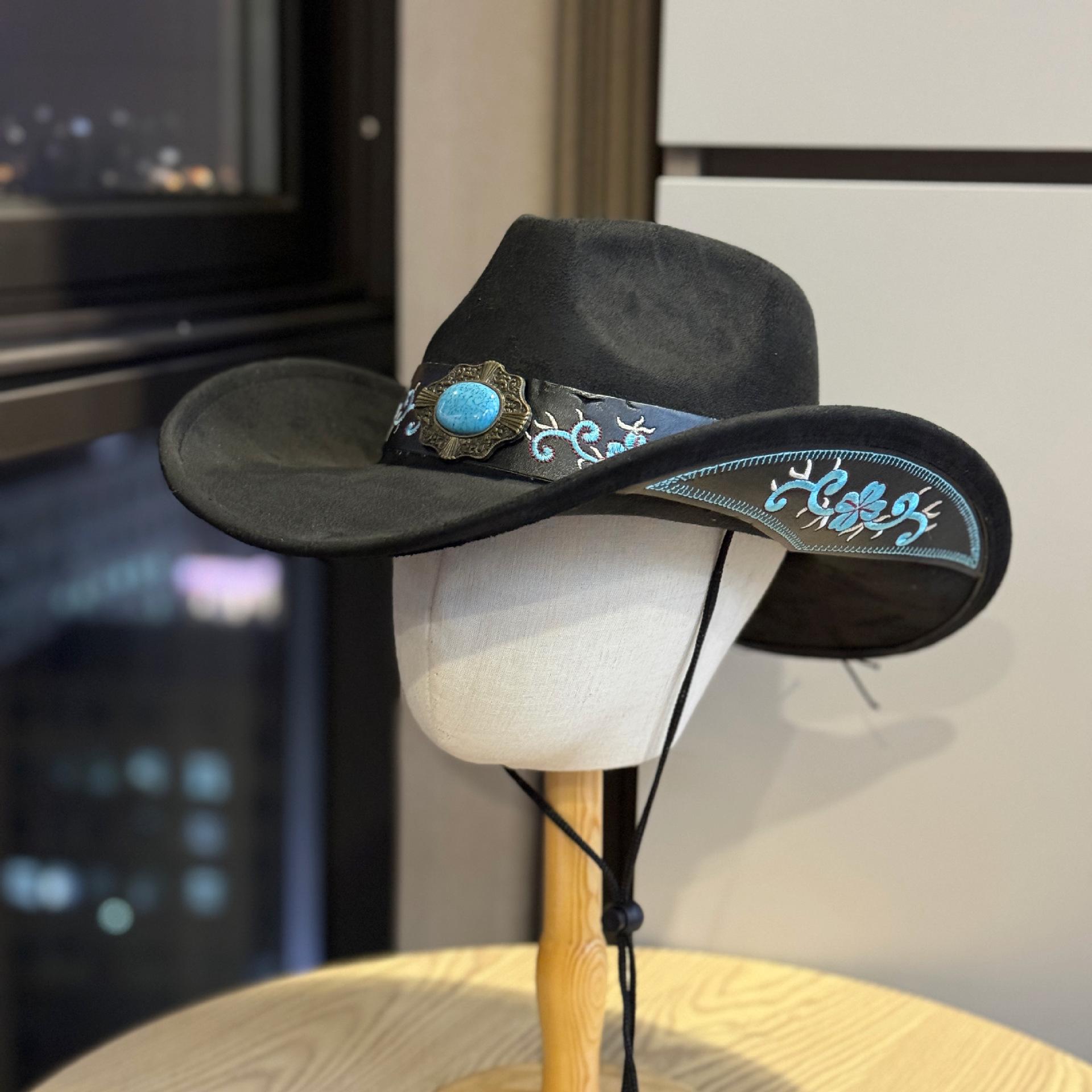 

Western cowboy style large brim new hat for men and women, casual retro embroidered turquoise hat with a large brim felt hat Adult54-60Adjustable чёрный