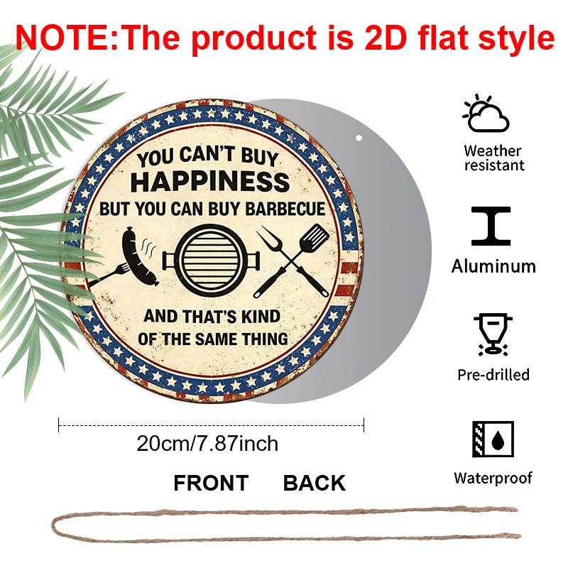 2D Flat, 1pc Round Aluminum Hanging Sign - "You Can't Buy Happiness But You Can Buy Barbecue" Funny BBQ Quote Metal Wall Art, Vintage Patriotic Stars