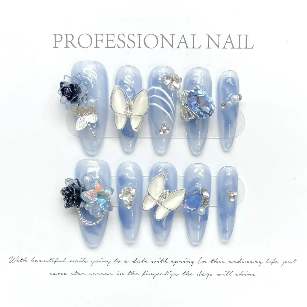 10 Pcs Long Almond Handmade Press On Nails With Rhinestones Reusable Stick On False Nails