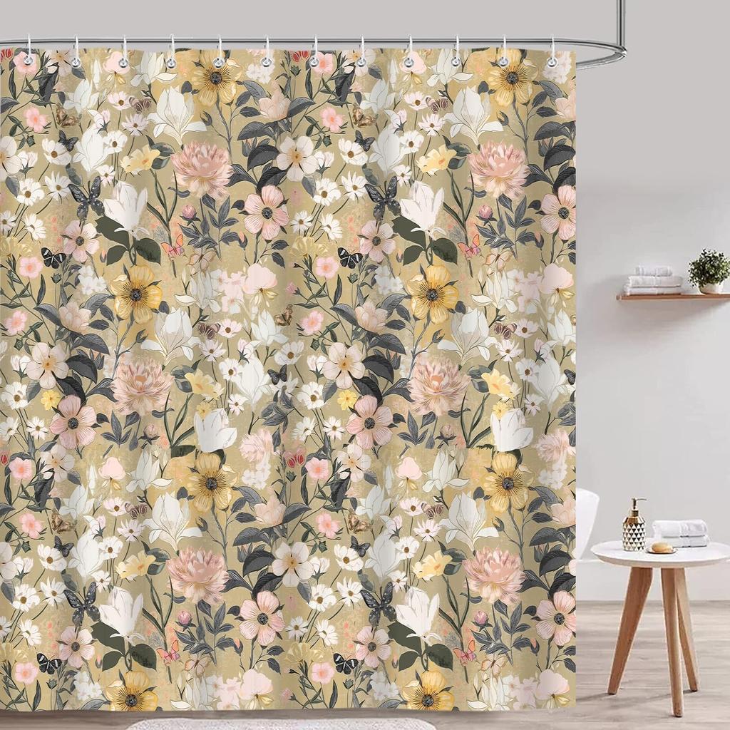 Pink Gray Flowers Shower Curtain, Daisy Floral Simple and Fresh Elegance Plants Cloth Rustic Farmhouse Bathroom Decor Sets,