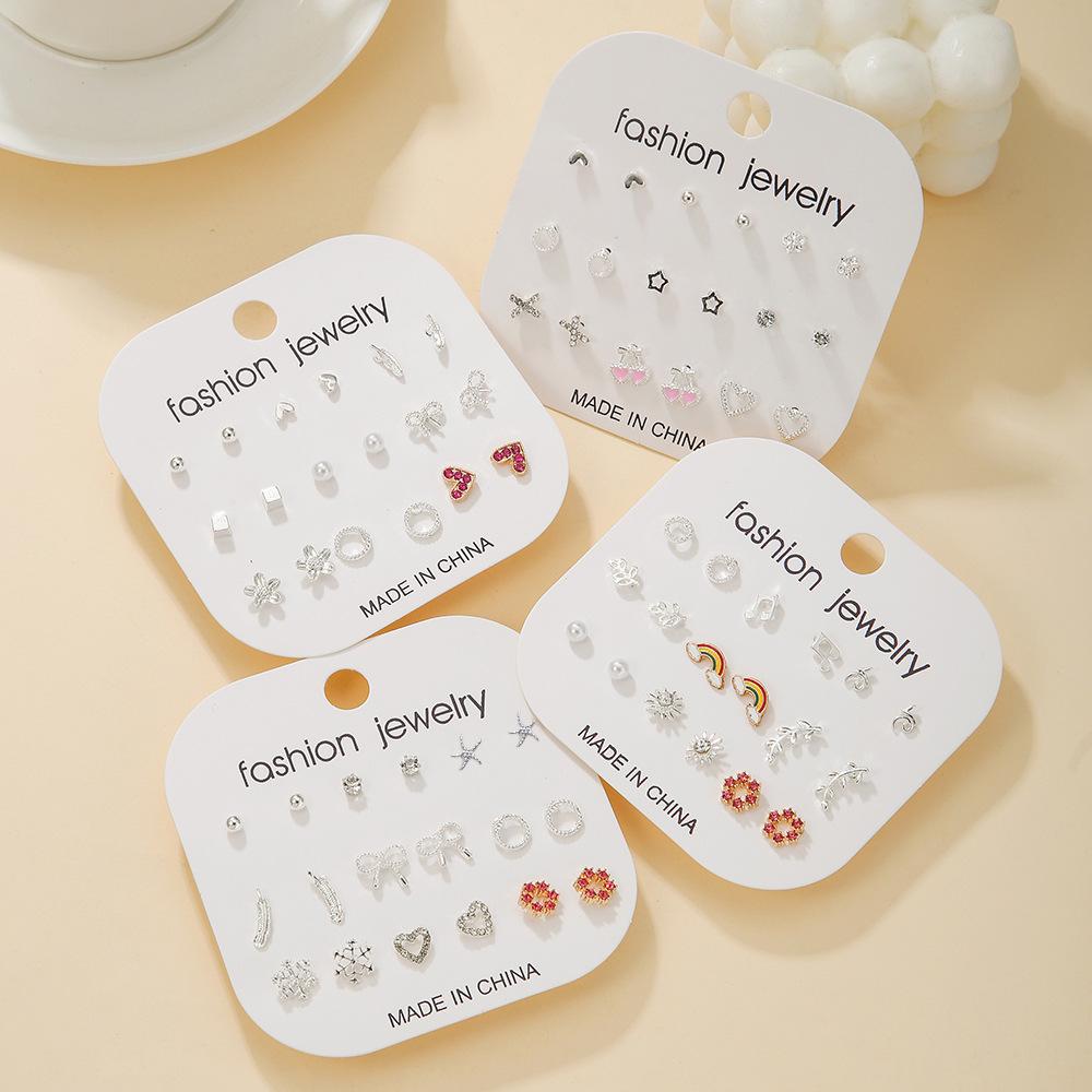 Versatile geometric love stud earrings set, women's high sense 9-piece set, European and American new ins exquisite fashion earrings