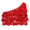 Girls Dance Top Shiny Sequins Tiered Ruffles Sleeveless Crop Top Metallic One Shoulder Vest