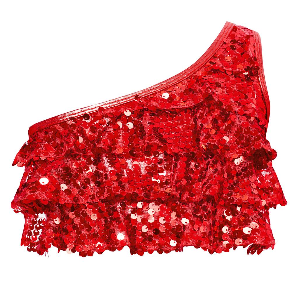 Girls Dance Top Shiny Sequins Tiered Ruffles Sleeveless Crop Top Metallic One Shoulder Vest