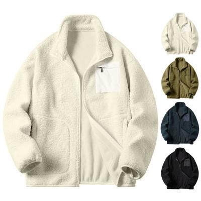 Faux Lambswool Jacket Coat Autumn Winter Zipper Placket Stand Collar Long Sleeve Solid Color Coat with Pockets