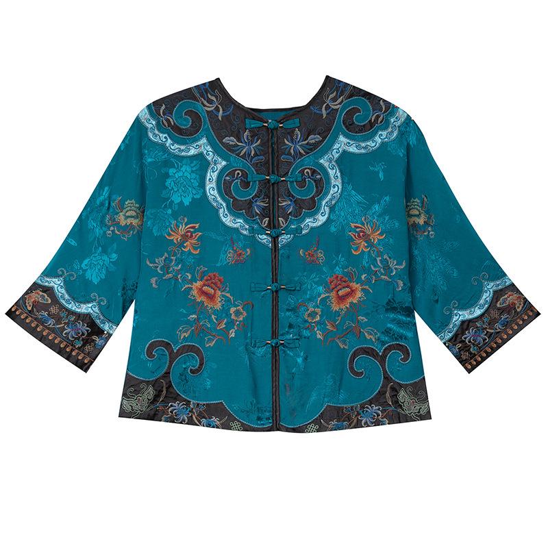 2025 Women's Ethnic Jacquard Satin Embroidered Frog Button Loose Top Coat
