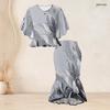 Women Plus Size Black Green Gold Round Neck Printed Batwing Sleeve Ruffle Top Fishtail Skirt Two Piece Set