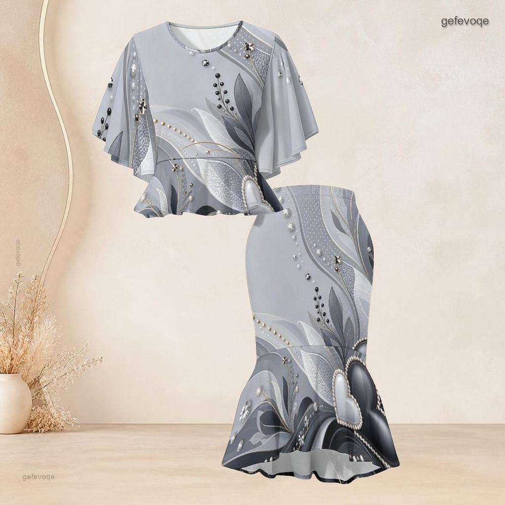 Women Plus Size Black Green Gold Round Neck Printed Batwing Sleeve Ruffle Top Fishtail Skirt Two Piece Set