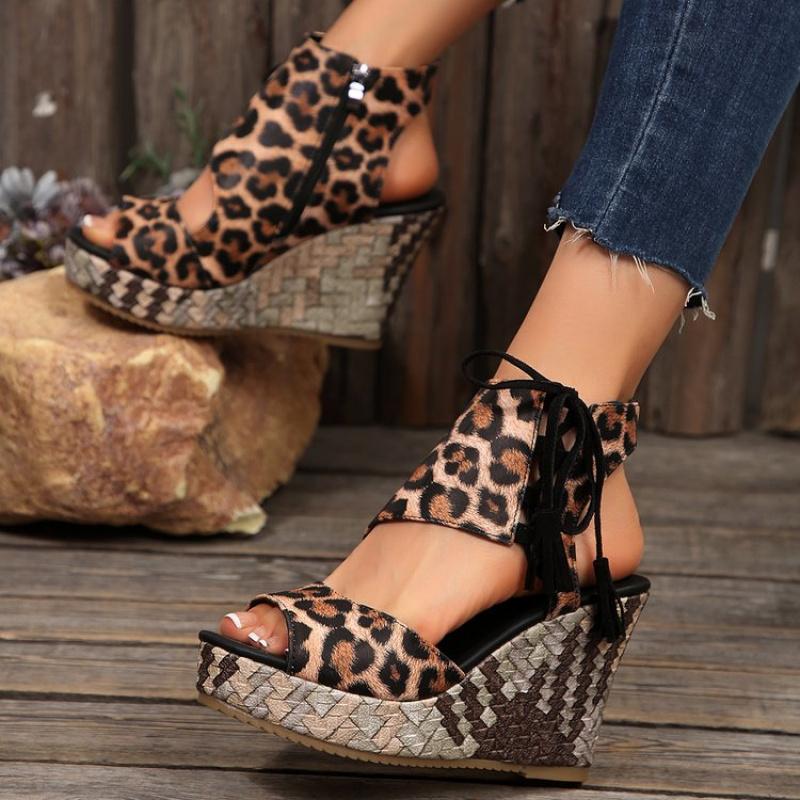 Women's Leopard Print Platform Wedge Sandals - Ultra-High Thick Heel with Golden-Tone Block Heel, Faux Cover Upper &, Zipper Closure