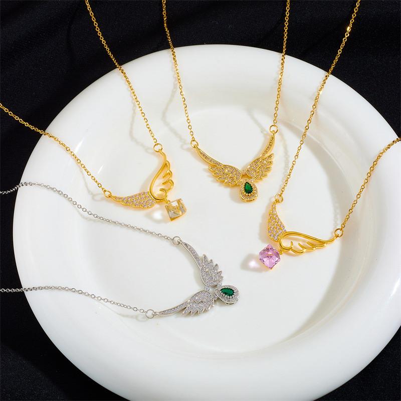 Fashion Popular Angel Wings Zircon Pendant Necklace Stainless Steel Chain Geometric Choker Jewelry Party Gifts For Women Girls