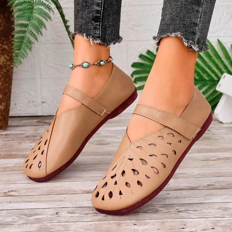 Fashion Hot Sale 2025 Summer Round Toe Women's Soft Bottom Flats Classics Shallow Outdoor Flats for Women Hollow Daily Plus Size Shoes