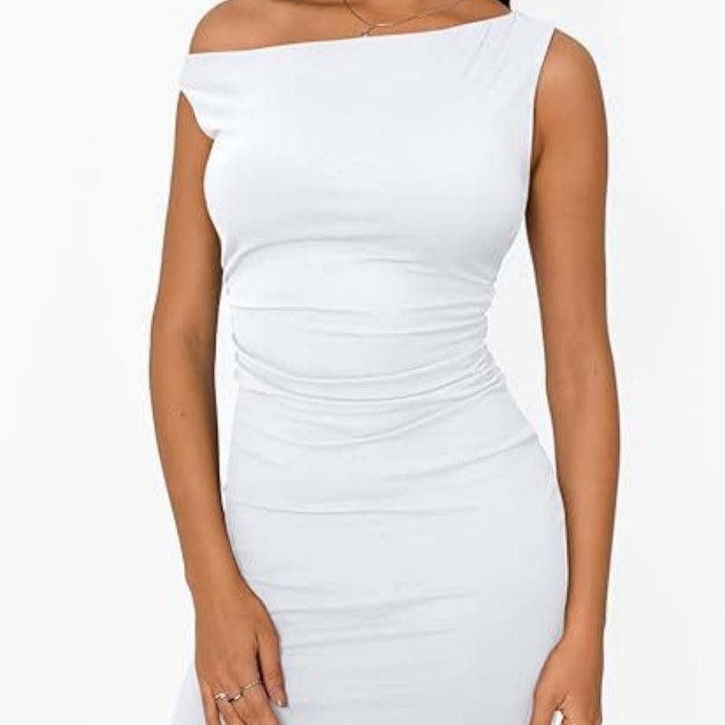 Women's off-shoulder neckline, gathered waist sleeveless bodycon dress