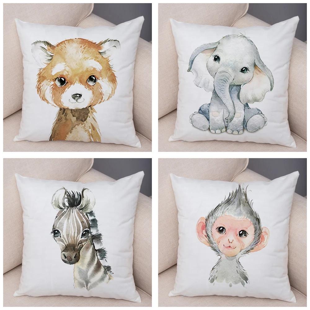 Watercolor Cute Animal Cushion Cover Sofa Home Decor Zebra Giraffe Hippo Monkey Lion Fox