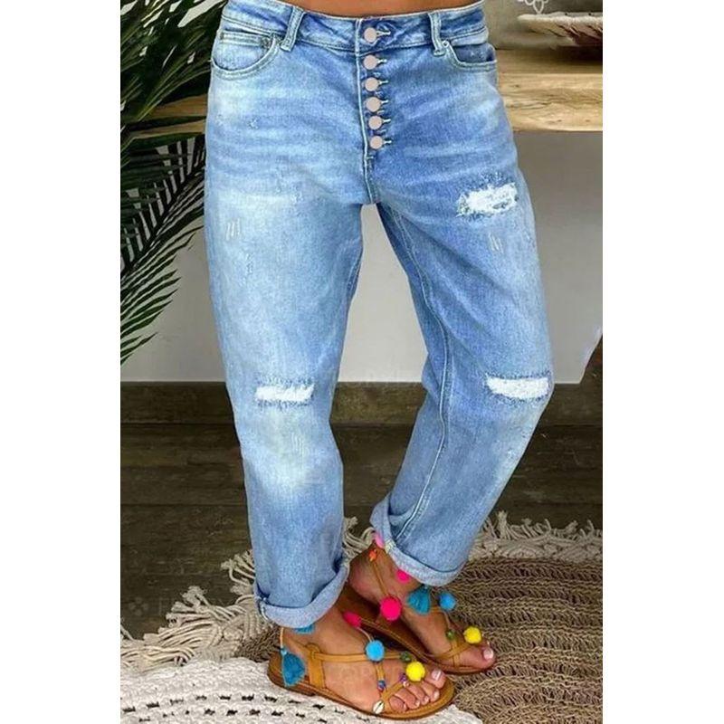 

2025 European and American Cross-Border New Style Blue Ripped Jeans Women s Loose Straight Casual Pants in Stock Blue S