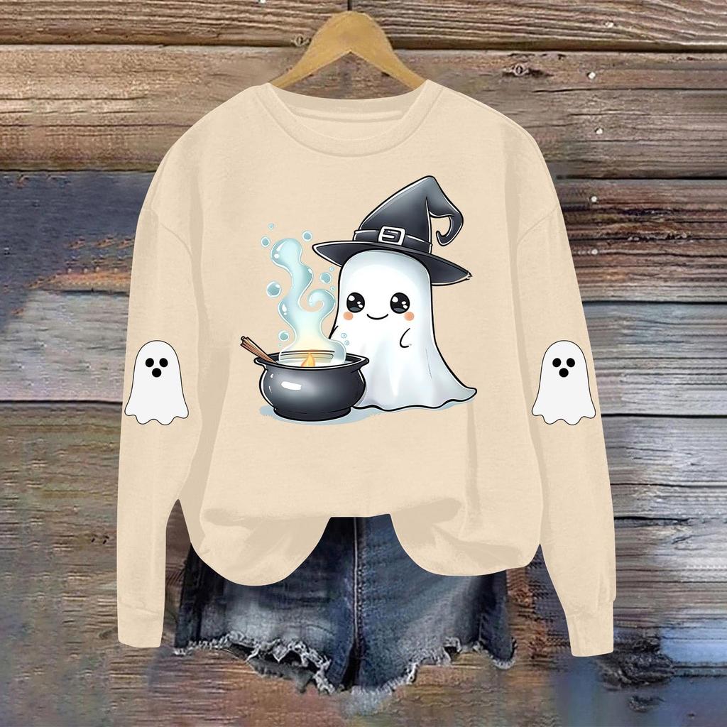 Women's Fashionable Casual Long-sleeved Halloween Printed Round-neck Top