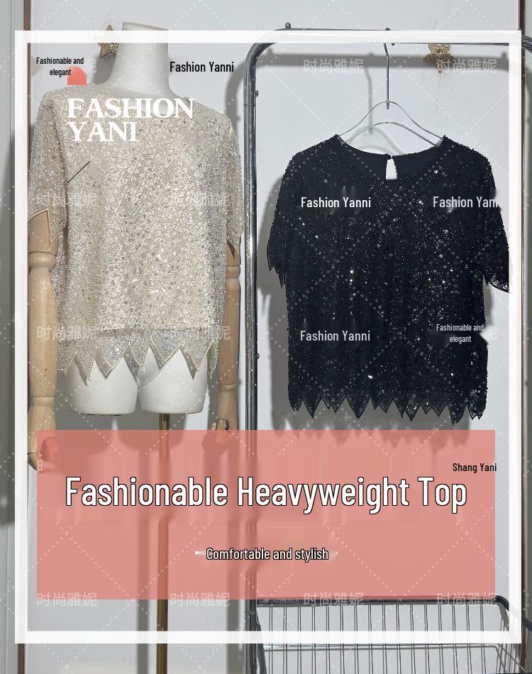 Versatile Sequin Beaded Short Sleeve Top - European & American Net Red Trend: Loose Fit & Slimming Round Neck for Women