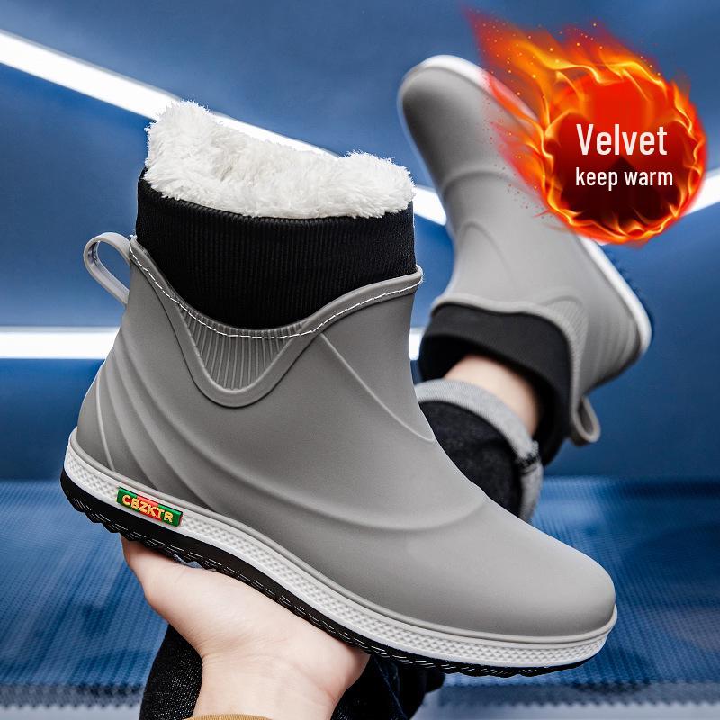Men's Fashionable Low-Top Waterproof Rain Boots with Fleece Lining, Washable Flat Bottom, Mid-Calf, Ideal for Kitchen, Food Delivery, and Riding.