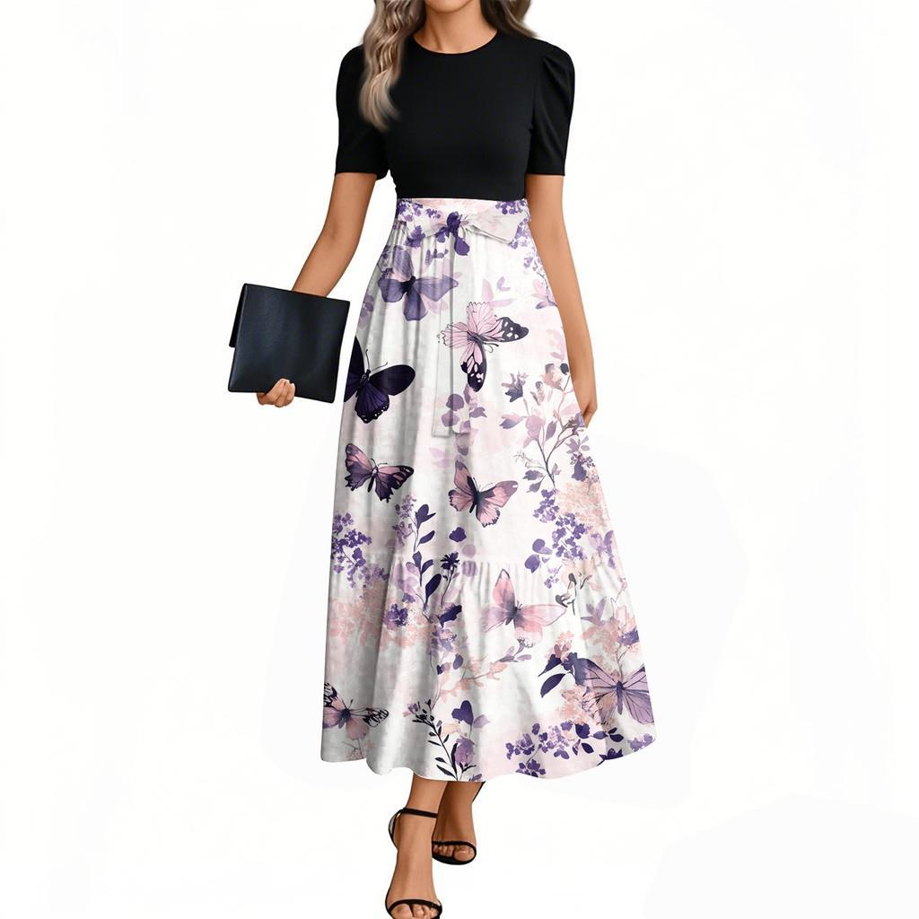 Damenmode Casual Gürtel Kurzarm Rundhals Blumennähte Elegantes Temperamentkleid