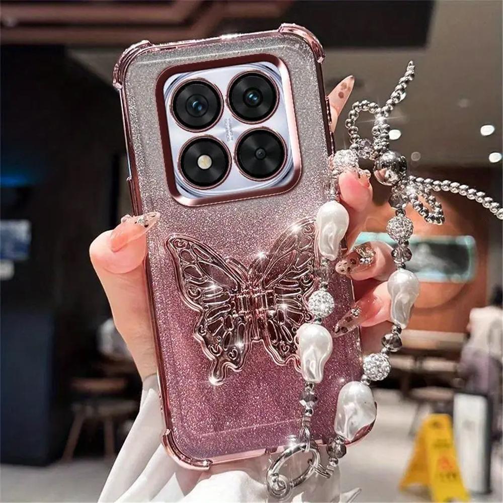 Pearl Bracelet Butterfly Stand Phone Case For Xiaomi Redmi Note 14 Pro 13 14 Pro Plus 14S 4G 5G Glitter Shockproof Silicon Cover