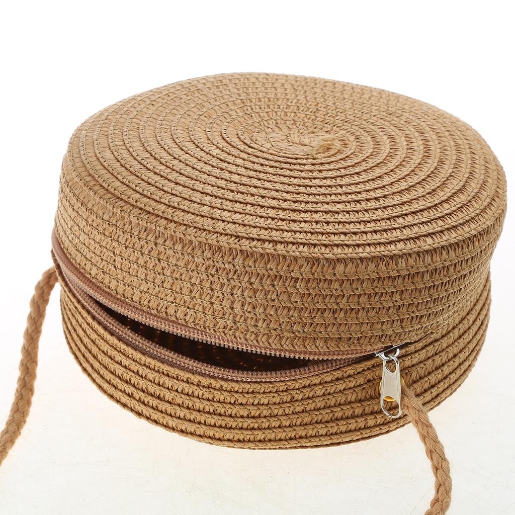 Solid Color Handwoven Bag Round Shoulder Bag Crossbody Bags for Women Girl Straw Woven Bag Large Capacity Beach Bag