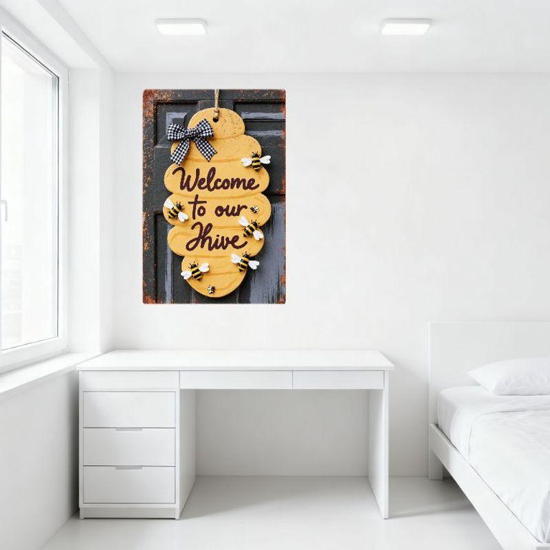 Rustic Welcome To Our Hive Beehive Wooden Sign with Bees & Checkered Bow Metal Tin Plaque for Beekeeping Home Garden Cafe Decor