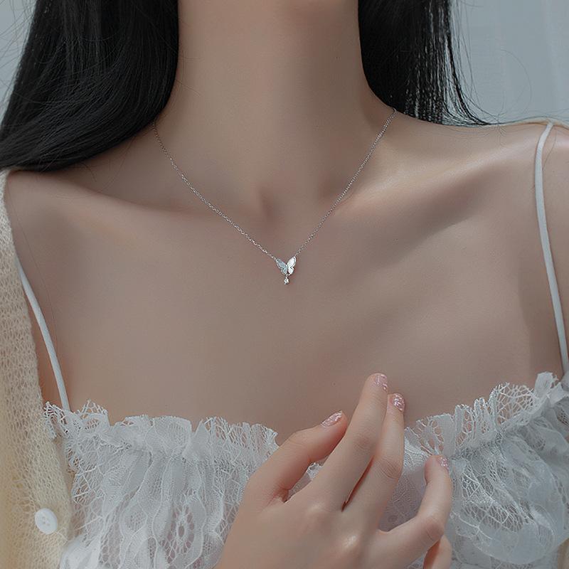 Flash Diamond Water Drop Round Bead Fringed Pendant Neck Chain Collarbone Chain Femininity Design Shell Butterfly Necklace