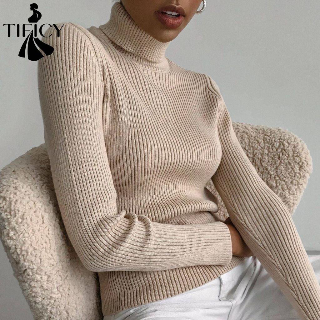 TIFICY Women's Fashion Casual Fall Winter Solid Color Print Long Sleeve High Neck Sweaters
