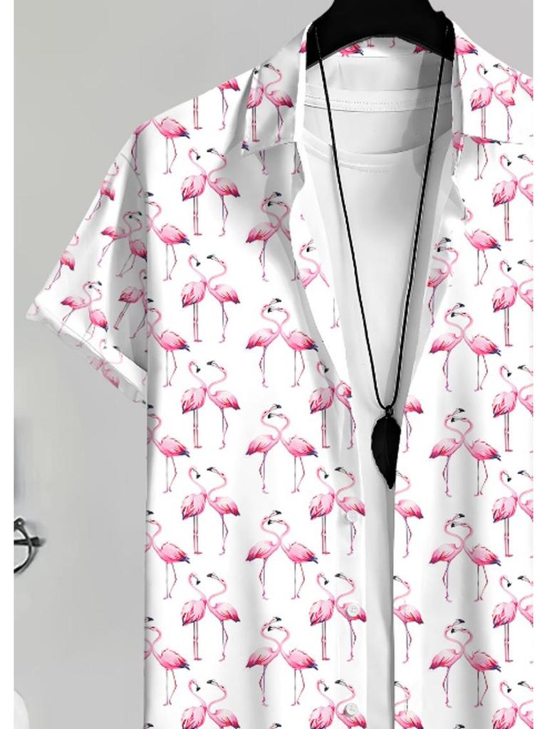 Men's Casual Flamingo Printed Short - Sleeve Shirt, Polyester Material, Mixed Color, Multiple Specifications Available, Stylish for Daily Wear &