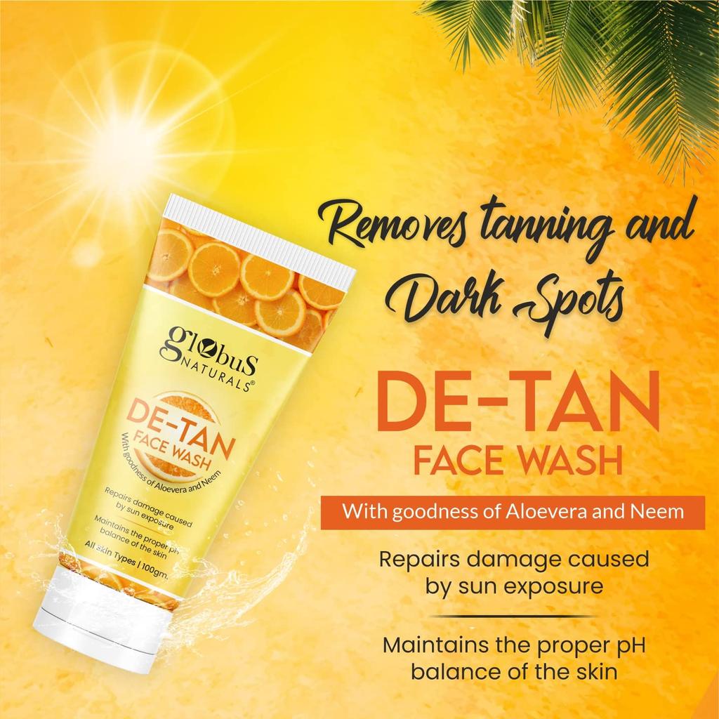 Globus Naturals De-Tan Face Wash, Face Scrub, Face Cream & Face Pack Combo, For All Skin Types 100 Gm, Pack of 4