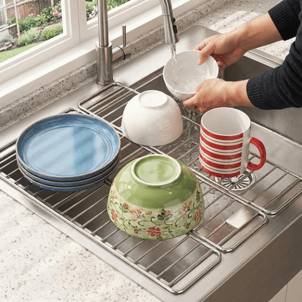 Adjustable Sink Dish Drying Rack Rust‑Resistant Over Sink Drain Mat for Kitchen
