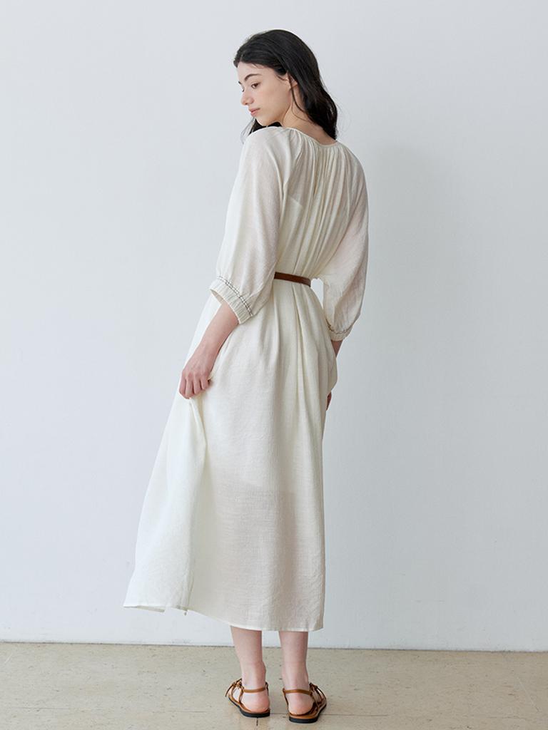Le Studio Natural Shirred Long Dress + Belt Set (Iv)