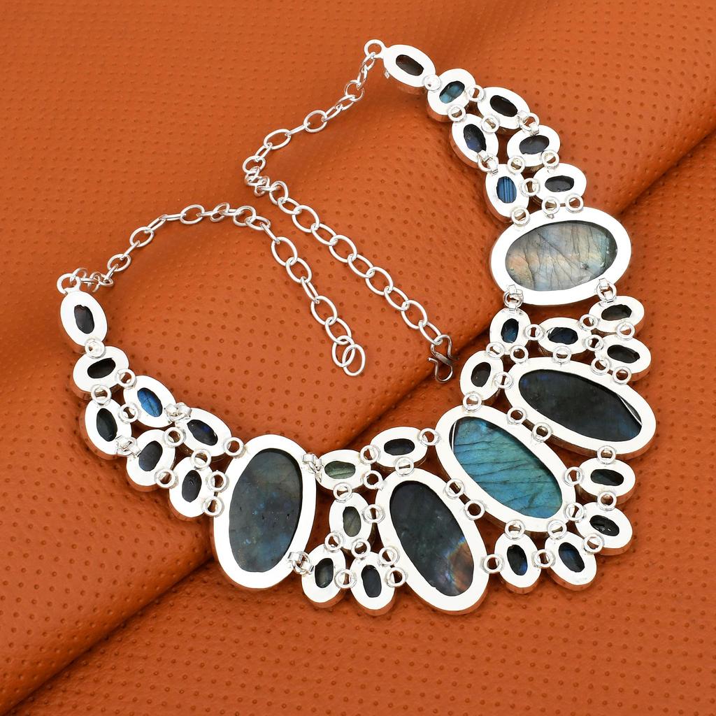 Labradorite Gemstone Handmade 925 Sterling Silver Adjustable Long Chain Statement Necklace For Women & Girls