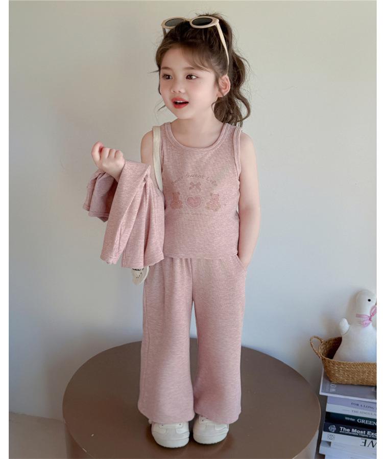 2025 Autumn Girls' Korean Style Three-Piece Set: Teddy Bear Cardigan, Knitted Sweater Vest, and Wide-Leg Pants