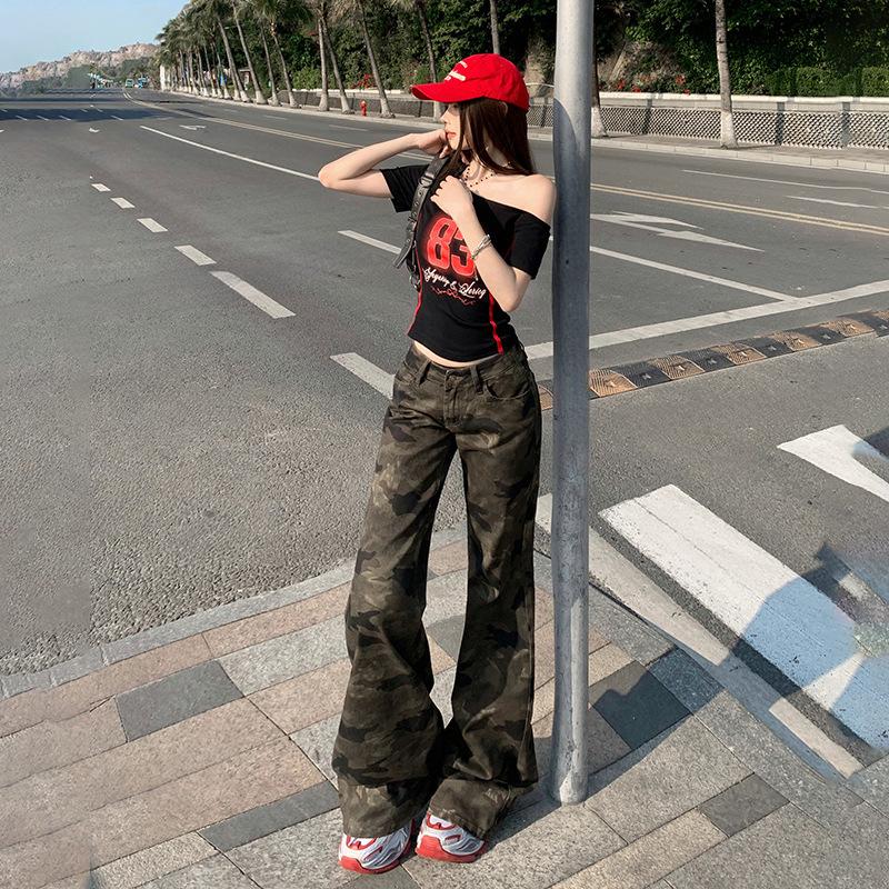 American Spice Girl low-rise camouflage micro-pull jeans women's spring and autumn new slim-fitting wide-leg thin flared pants