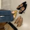 2025 Winter New Round Head Suede Pleated Shallow Mouth One Word with Thick Middle Heel Mary Jane Women's Single Shoes
