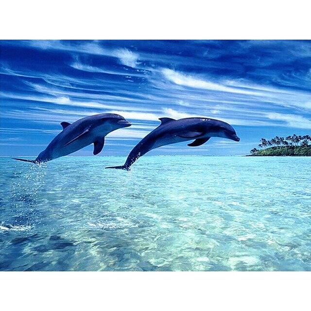 Animal Dolphins with Fish 5D Diy Diamond Painting Full Round Drill Mosaic Diamond Embroidery Rhinestones Home Decoration
