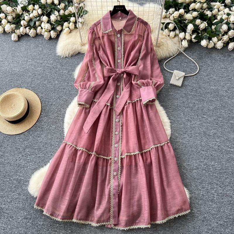 French style Retro Palace Style Lantern Sleeve Lace-up Waist Hugging Single-Breasted Dress Women Slimming Temperament Elegant Long Skirt