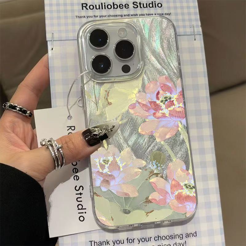 Peony Lotus Print Design Shockproof Phone Case For IPhone 17 16 15 14 13 12 11 Pro Max XS XR 7 8 Plus 13 16E Silver Plated Cover