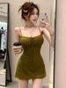 Women's Sexy Green Spaghetti Strap Dress - Spring/Summer Travel Style Slimming Short Skirt