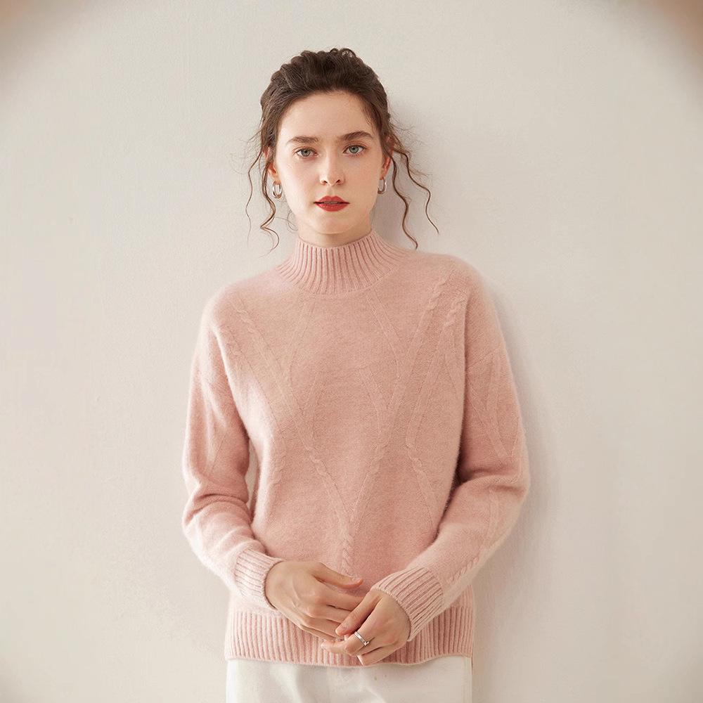 Women's Drop Shoulder Cashmere Pullover Sweater - Thickened Jacquard Knit, Half-High Neck, Long Sleeve, Versatile Loose Fit.